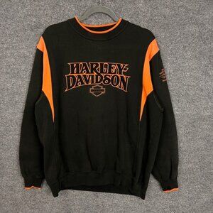 vintage Harley Davidson Men Black Orange Crewneck Sweatshirt Biker Graphic Large